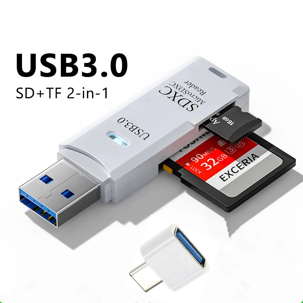 Tutew Multi Functional 2 In 1 High-speed USB 3.0/2.0 Card Reader Supports TF+SD Computer Tablet Camera Laptop Car Mounted