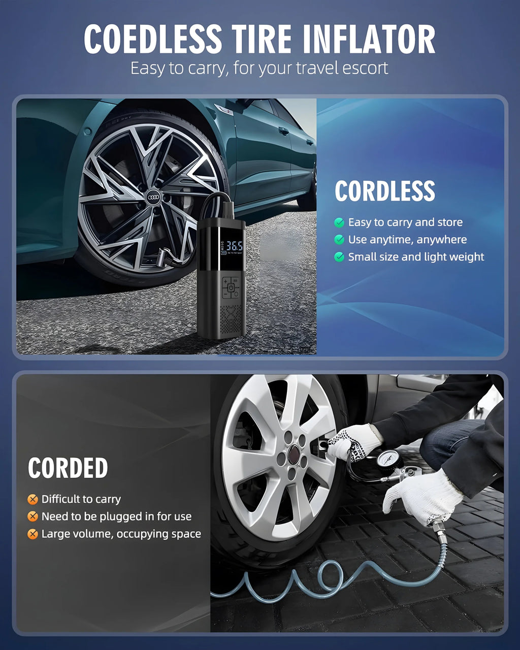 compresseur d'air portable rechargeable 150 PSI- gonflage rapide