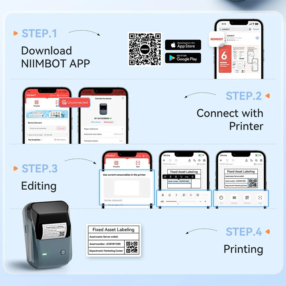 NIIMBOT B1 Portable Thermal Printer With Tapes 2 Inch Adhesive Label Printer Mini Bluetooth Sticker Maker Support Smartphones PC
